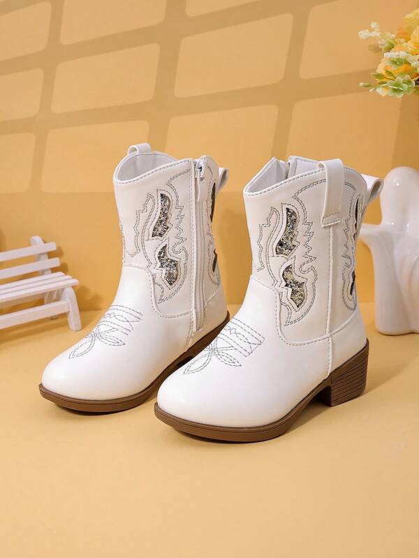 Girls' Fashion Embroidered High Heel Mid-Calf Boots, Color Block Round Toe Side Zipper