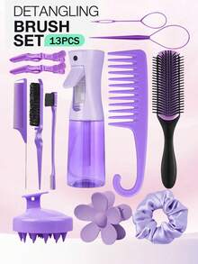 2013年1月5日 男女通用美发梳套装，包含：顺发梳、侧梳、后梳、带喷雾瓶的卷发梳、直发梳、头皮按摩梳、宽齿梳、发夹和造型梳套装 - 适合所有发质，满足旅行需求，返校季必备，旅行必备，女士美发配件，梳子，木质梳子，迷你梳子，顺发梳，卷发梳，美发工具，旅行必备，发型，护发，美发梳 - 彩色 - 查看 3