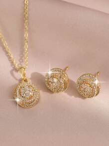 1set/3pcs Fantasy Gold Plated Flower Cubic Zirconia Necklace Earring Set Female Charm Jewelry Gift For Daily Wear And Festivals