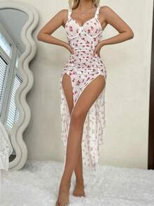 SOFUSEN 2pcs Floral Polka Dot Mesh Ruffle Trim Split Thigh Cami Nightdress Set With Underwire Bra & Thong,Valentine's Day,   Gifts - Hồng Trắng - Xem 3