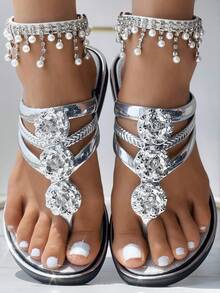 Women's Gold Metal-Look Sandals, Adorned With Crystal Floral Decor, Lightweight & Comfortable Summer Beach Slide Slippers, Slip-On Flat Shoes For Casual & Holiday Wear, Fashionable Open-Toe Non-Slip Metallic Slippers, New Summer Vacation Beach Slip-On Sandals - 銀色 - 查看 1