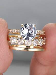 Vanel 3pcs Fashionable Minimalist Cubic Zirconia Stacking Rings, Women Wedding Engagement Promise Rings, Suitable For All Seasons - 3-piece Set - View 1