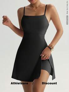 FWH Vintage Fashion, Minimalist Elegant, Waist Cinched Design, High Slit Cut, Anti-Flashing Lining, Slim Fit, Yoga/Everyday Versatile, Women's Spaghetti Strap Sports Dress, Fashionable And Avant-Garde Sports Dress
