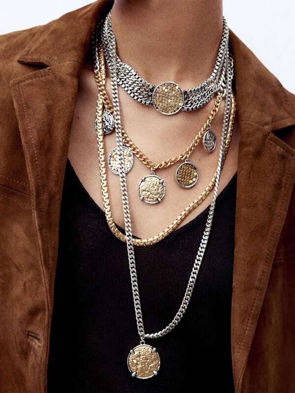 1 Set Collar de cadena multicapa con colgante con insignia geométrica elegante para mujer, accesorios de collar de estilo punk hip-hop