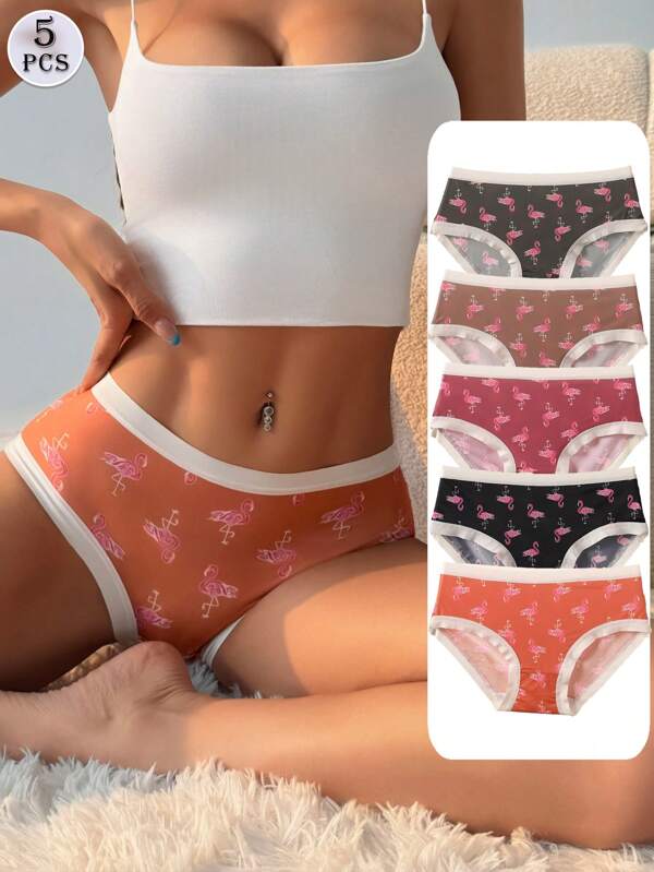 Set de 5 pantis de bikini con estampado sexy de flamenco, elaborados en seda de hielo y sin costuras, cómodos, transpirables y elásticos, ropa interior suave para uso diario, deportes, yoga para mujeres