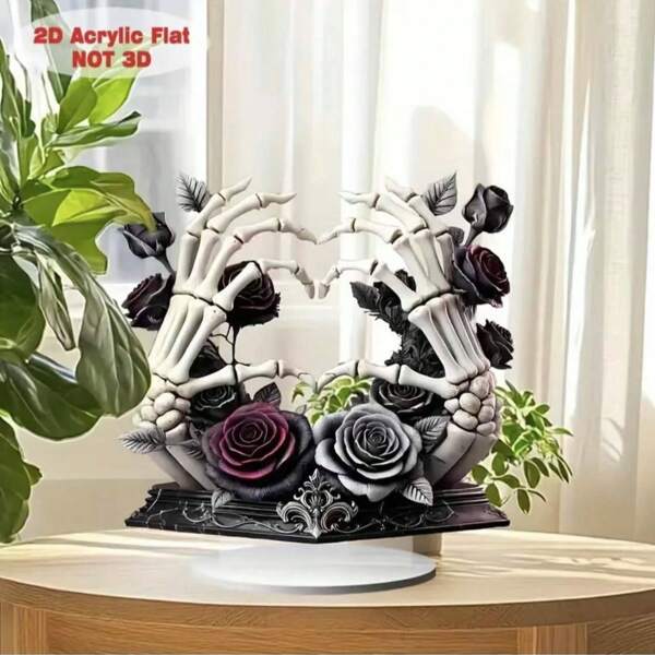 1pc 2D Planar Acrylic Desktop Decor, Bohemian Skull Hand With Black Rose - Gothic Floral Art, Suitable For Home, Office Or Holiday Gift, Multi-Purpose Creative Decor - Hole Style Is Random Home Decor Halloween Decor Fall Decor Room Decor