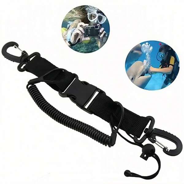 Cordão para mergulho autônomo com fivela de liberação rápida, alça retrátil em espiral, adequado para câmeras e luzes de mergulho, perfeito para aventuras de mergulho autônomo, clipe e correia para prender seu equipamento, aplicável para ferramentas de mergulho subaquático, mergulho autônomo, lanterna, câmera - preto, itens essenciais de praia, acessórios de praia, boia de piscina