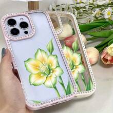 Funda para teléfono con diseño de flor verde amarillenta, elegante, doble cara, brillante | Funda brillante 11/12/13/14/15/16 - Rosa - Ver 2