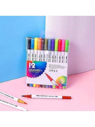 Kit 12 Cores Caneta 2 em 1 Brush Lettering e Ponta Fina Dual Pen Canetinha Colorir Desenho