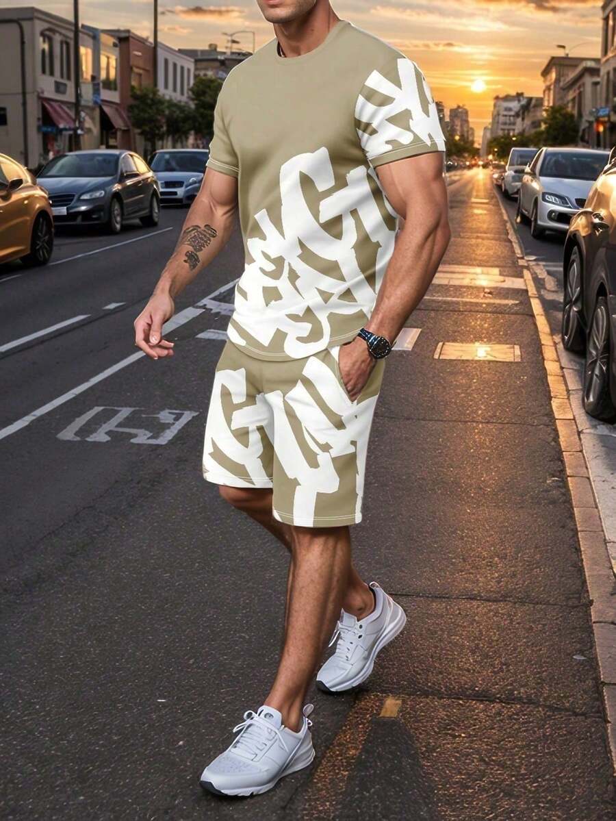 Men's Letter Print Short Sleeve T-Shirt & Shorts Casual 2pcs Set - Khaki - View 1