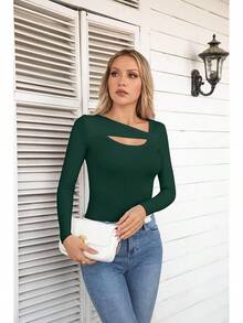 Womens Fashion Fall Cutout Long Sleeve Ribbed Slim Fitted Tops Shirts Tee Tshirts - 長暗綠色 - 查看 5