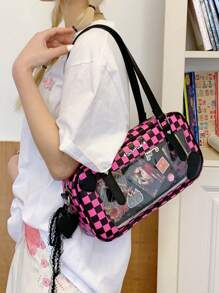 Summer New Anime Style Cute Plaid Transparent Window Baguette Bag, Student/Commute One Shoulder Messenger Bag