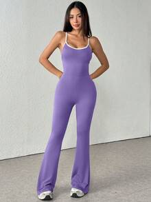 1 件套无袖纯色薄吊带背心撞色紧身连体衣阔腿喇叭裤休闲性感露背连体衣