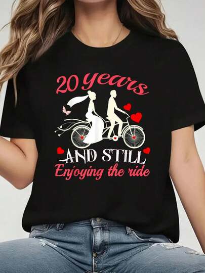 20th Wedding Anniversary Romantic Couple T-Shirt: 20 Years And Still Enjoying The Journey Graphic Print Crew Neck Short Sleeve T Shirt For Women Casual Summer Tops Black Red Heart Design