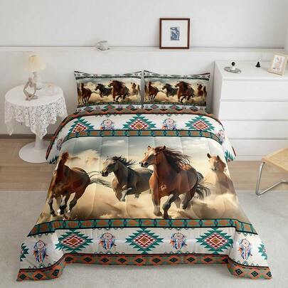 Feelyou 2/3Pcs Horse Comforter, Running Horse Comforter Set, Galloping Horse Bedding Set, Brown Horse Duvet Set, Microfiber Quilt Set, With 1/2 Pillowcases, Room Decor, All Season Soft Warm, Festival Birthday Gifts Decoration Ornaments
