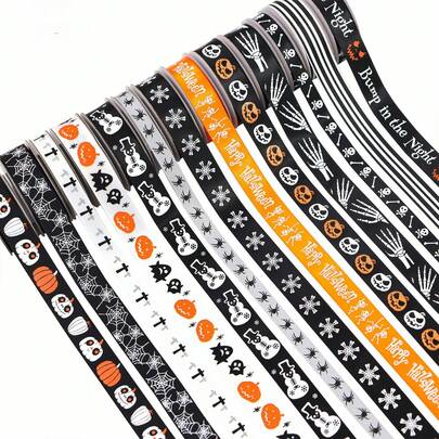5码万圣节丝带南瓜灯骷髅鬼蜘蛛印花罗缎丝带适用于工艺品发饰蝴蝶结花环制作礼品包装和万圣节DIY派对用品家居装饰