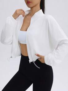 Women's Drawstring Hem Sports Jacket, Casual Short Zip-Up Running Fitness Yoga Outerwear