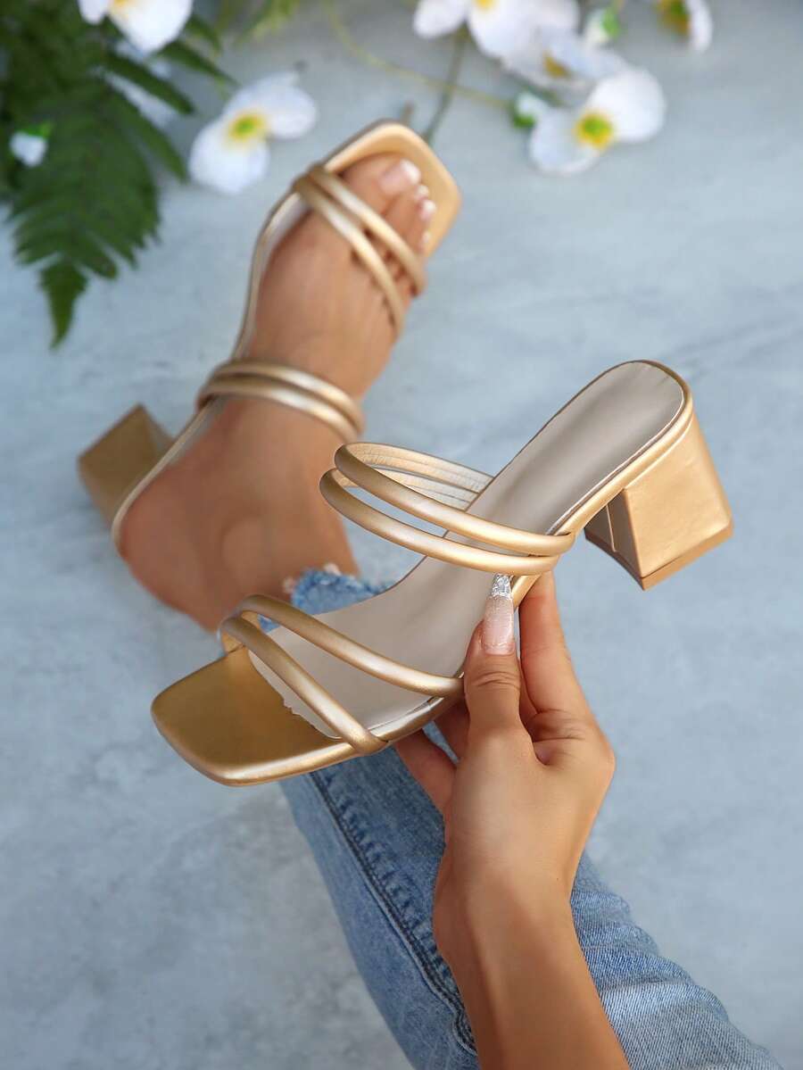 Sandalias de tacón alto con tira gruesa de piel sintética de unicolor, elegante punta cuadrada, estilo minimalista y elegante para oficina, boda y fiesta en verano