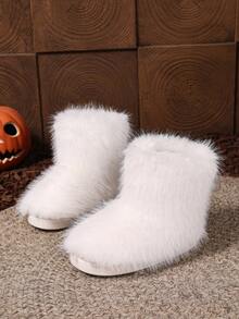 2025 New Fashionable Fluffy Faux Thermal Lined Slip-On Short Boots, Warm & Non-Slip - White - View 6