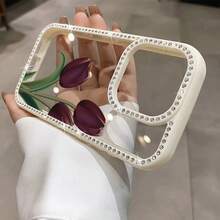 Funda para teléfono 1 unidad, tulipanes oscuros, elegantes flores de primavera, belleza natural, purpurina, doble cara | Funda brillante 11/12/13/14/15/16 con pegatinas de joyas | Regalos de cumpleaños para mujer - Blanco - Ver 5