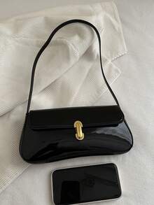 SHEIN ICON Women's Vintage Faux Oiled Leather Flap Decor One Shoulder Underarm Bag, Suitable For Dating, Outing, Party - Black - View 3