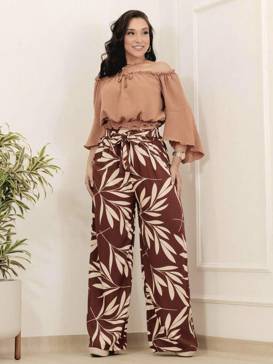 Printed High-Waisted Palazzo Pants With Pockets, Lining And Ties - 棕色印花褲 - 查看 1