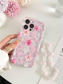 粉色度假风新奇奶油色纹理波浪边亮面豹纹花卉彩绘防摔手机壳，配手工串珠手链配件，春季生日礼物，国际版，非国内版 - 彩色 - 查看 7