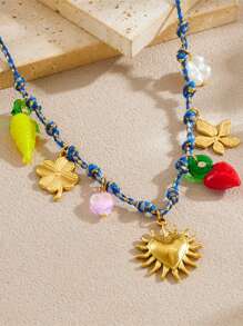 1 Creative, Personalized, Multi Colored Braided Rope Chain Necklace With Gold-Plated Circle, Geometric Shape, Sun Flower, Conch Pendant, Stainless Steel Collarbone Chain
