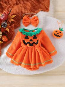 1pc Infant/Toddler Girls' Cute Soft Comfortable Orange Long Sleeve Romper Dress, Thick For Autumn/Winter