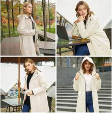 UNIQUEBELLA Rain Jackets For Women Waterproof, Raincoat Long Hooded Rain Coats Outdoor Windbreaker Trench Coat - 米色羊毛絨 - 查看 5
