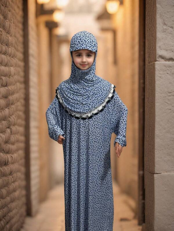 Muslim Girls Long Robe (Multiple Colors Available) Traditional Arabic Style Abaya, New Fashionable Muslim Girls Set, Breathable Loose Pink Flower Bud Style Headscarf (Various Colors Available) (Ages 5-13)