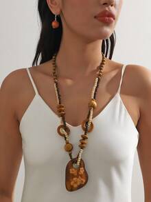 2件套波西米亚风格复古木质长链项链，欧美时尚 - 棕色 - 查看 10
