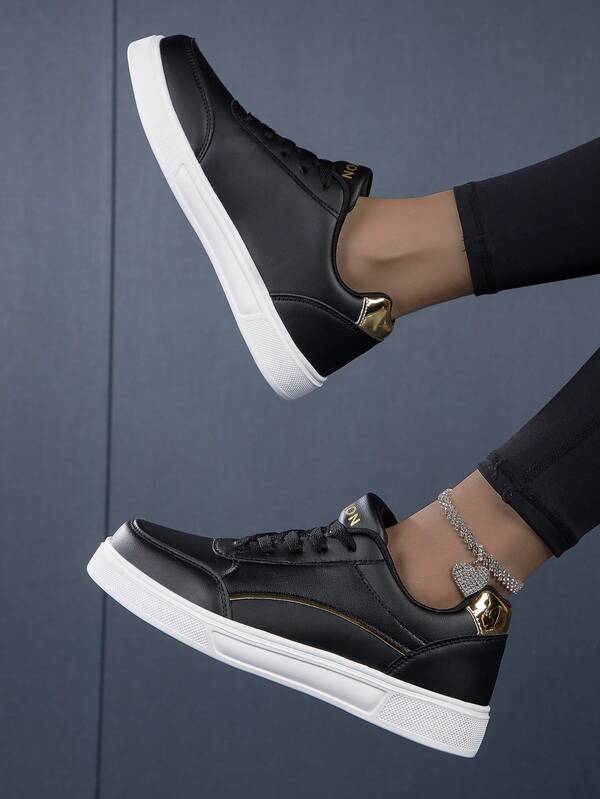 Campus Student Soft-Soled Comfortable Casual Sports Sneakers, Black & Gold Color Block, , Anti-Slip, Lightweight, Suitable For Outdoor Preppy Campus Wear