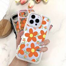 Funda para teléfono (1 unidad) Fondo blanco con flores naranjas y purpurina | Funda brillante para phone 11/12/13/14/15/16 - Rosa - Ver 5