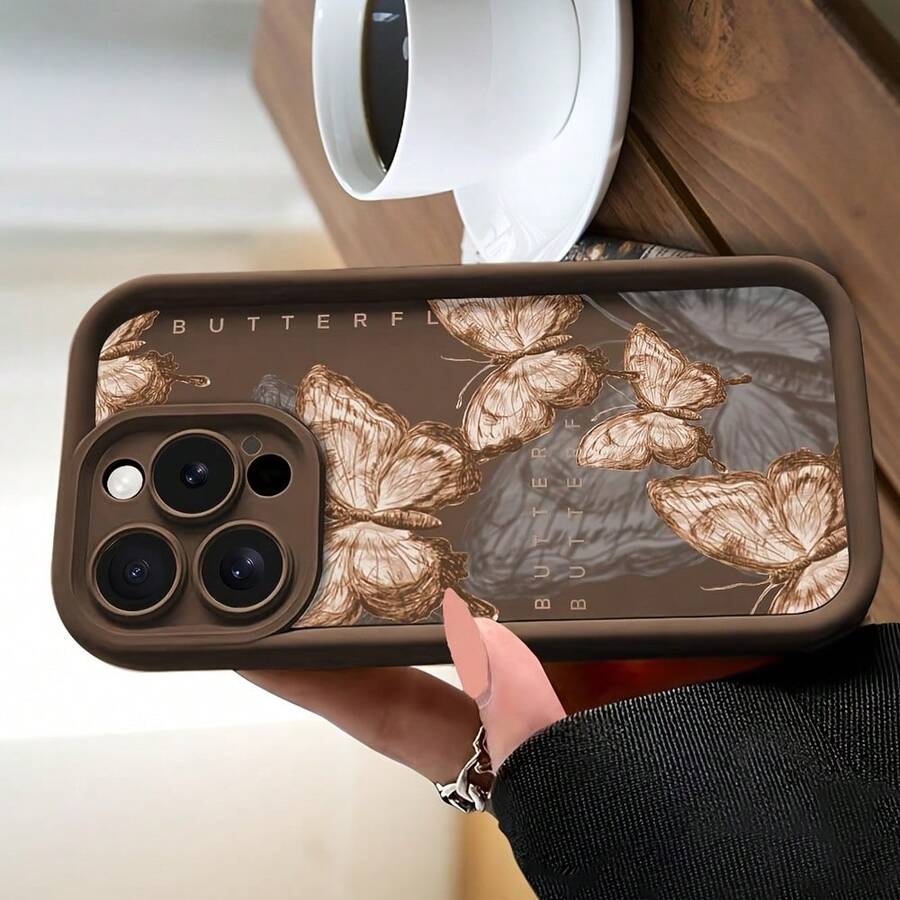 Retro-Style Phone Case With Dark Brown Background And Light Brown Butterfly Sketch, Suitable For 17/17Air/16e/16/15/14/13/12/11/ProMax/Pro/Plus/XSMax/XS.  And Also For  Galaxy S22/S23/S24/S25/Plus/FE/Edge/Ultra.It Offers Full Protection And Is A Stylish Choice, Making It An Ideal Gift - 棕色 - 查看 1
