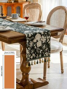 1 pieza Tapete de mesa con bordado floral de estilo retro francés de lujo con flecos, color verde, apto para vacaciones, reuniones, fiestas, bodas, decoración del hogar, todas las estaciones. - Verde Oscuro - Ver 12