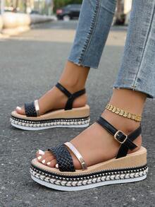 时尚女士波西米亚风坡跟凉鞋，新款编织带设计，舒适软底沙滩凉鞋，适合海滩、派对、日常休闲场合以及春夏穿搭。 - 黑色 - 查看 7