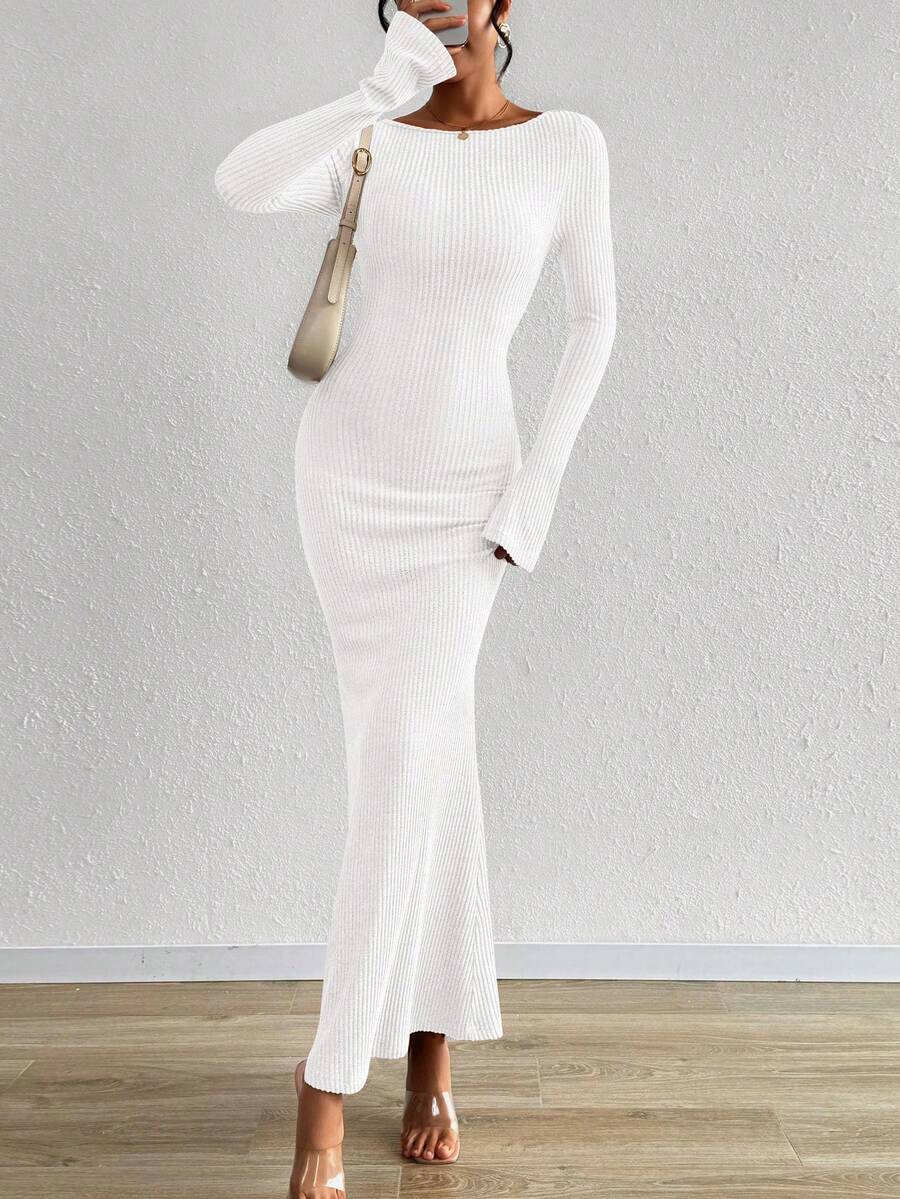 Women's Fall Fashion  Long Sleeve Maxi Dress Ribbed Knit Boat Neck Bodycon Casual Dresses Going Out Outfits - 白色 - 查看 1
