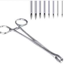 Kit de piercing cu 9 bucăți, ace, cleme, forceps și mănuși asortate - ideal pentru urechi, nas, buric, limbă, mamelon, sprâncene și buze 14G/16G/18G/20G