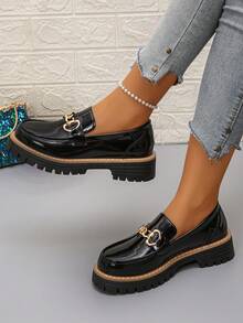 女士厚底玛丽珍鞋，纯色波西米亚风优雅复古金属链条时尚百搭套脚女鞋，适合办公室穿着，女士乐福鞋 - 黑色 - 查看 3