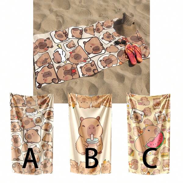 1pc Cute Capybara Beach Towel, Capybara Watermelon Burger Pattern Printed Beach Towel, Large Beach Towel, Capybara Accessories, Microfiber Towel, Swimming Pool Accessories, Hawaii Travel Essentials, Playa, Camping, Bathroom, Swimming Pool, Cruise Essentials, Beach Essentials, Bathroom Bath Towel, Cruise Essentials, Beach Accessories, Travel Essentials, Vacation Essentials