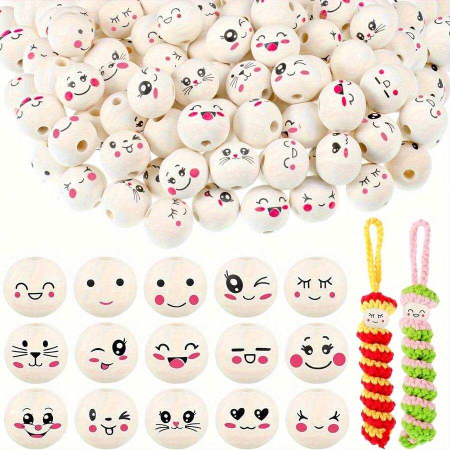 120pcs Wooden Beads With Holes, Big Eyes, Happy Expression, Suitable For Handcrafts, DIY Jewelry And Crafts, Home Decor, Professional Art Supplies, Mother's Day, Father's Day, Teacher's Day Decoration Gifts