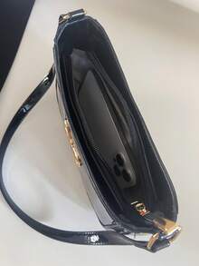 女士时尚优雅新月形腋下单肩包，休闲风格，亮漆黑色纯色腋下钱包，通勤百搭，蝴蝶金属装饰 - 黑色 - 查看 7