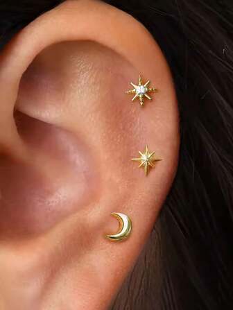 3 piezas Pendientes de botón apilables delicados con diseño de luna y estrella para mujeres, pendientes chapados en oro de 14K con diseño de estrella, pendientes de cartílago exquisitos hipoalergénicos para múltiples perforaciones, joyería de uso diario para mujeres y niñas