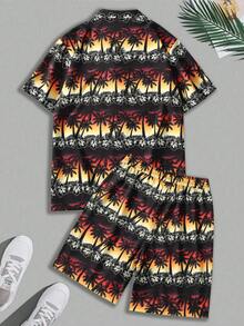 1 Set Men's Casual Coconut Tree Print Shirt & Shorts Suit, Summer - Black - View 2