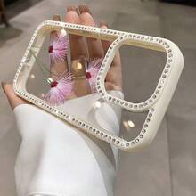 Funda para teléfono (1 unidad) Fondo blanco con flores de papel rosas y purpurina | Funda brillante para phone 11/12/13/14/15/16 Funda brillante para phone 11/12/13/14/15/16 Pro con pegatinas de joyas | Regalos de cumpleaños para mujer - Blanco - Ver 3