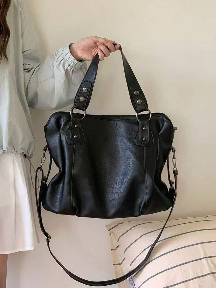 (8972)Rivet Detail Shoulder Bag, Vintage PU Crossbody Bag, Large Capacity Handbag - 黑色 - 查看 1