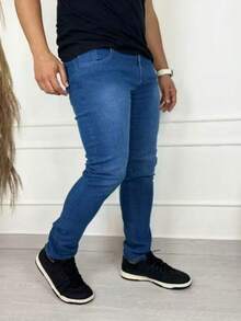 Men's Sport Thin Skinny Twill Pants With Lycra Slim Jeans - 中等水洗藍 - 查看 1