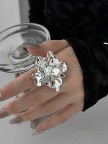 1 件可调节金属大花设计戒指，个性化时尚女士指环，适合旅行、婚礼、派对、生日、圣诞节、礼物 - 銀色 - 查看 3