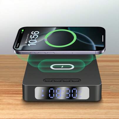 محطة شحن لاسلكية متعددة الوظائف، تعرض الوقت، ساعة منبه للغرفة والسرير وغرفة المعيشة والطاولة والمنزل والمكتب والمكتب، متوافقة مع هواتف آيفون 16 15 14 13 12 11 برو ماكس/ميني/بلس/إكس آر/إكس إس/إكس/8، متوافقة مع سماعات الأذن 2/3/4/برو/برو 2، متوافقة مع هواتف سامسونج S25/S23/S22/S21/S20/، سماعات Galaxy Buds مناسبة للمكتب والسكن والمنزل